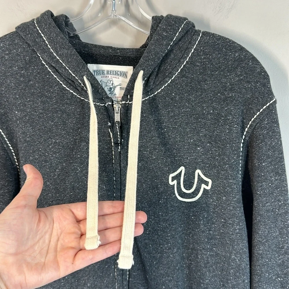 True Religion Men Gray Zip Up Jacket Hoodie Sz XL Buddha Logo Contrast Stitching